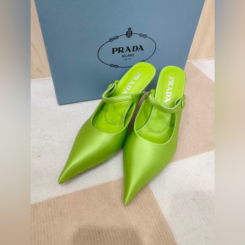 Prada Green Satin Pointed-Toe Mary Jane Mules